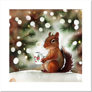 Squirrel drinking eggnog, snowy christmas outdoors Posters and Art